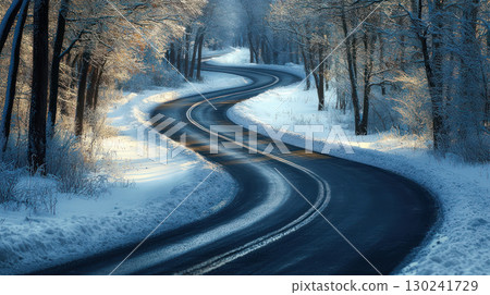 Winding road through winter forest landscape, serene and peaceful 130241729