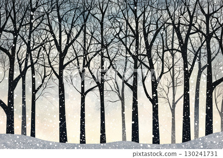 Winter woodland silhouette with bare trees and falling snowflakes 130241731