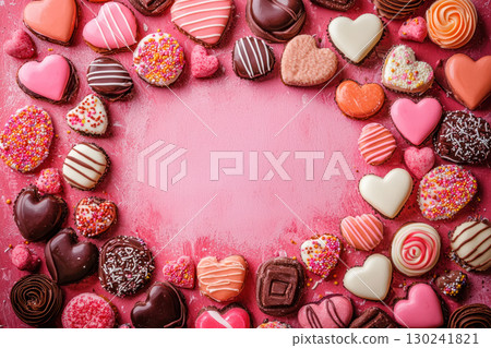 Assorted sweets for Valentine celebration, heart shaped chocolates and candies create festive layout 130241821