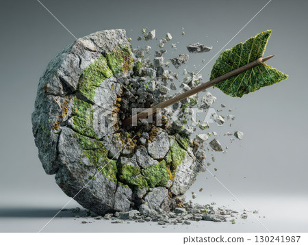 Sustainable business goals are powered by renewables symbolized by cracked stone target hit by arrow with leaf tip showing growth and impact 130241987