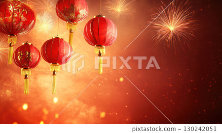 Festive red lanterns hang against vibrant fireworks display, creating celebratory atmosphere 130242051