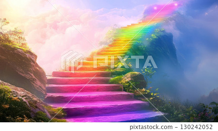 vibrant rainbow staircase ascending into dreamy sky, surrounded by clouds and greenery, evokes sense of wonder and magic vibrant rainbow staircase ascending into dreamy sky, surrounded by clouds and greenery, evokes sense of wonder and magic 130242052