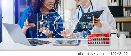 Healthcare and Medical business vitual graph data doctor analyzing medical report network connection 130242422