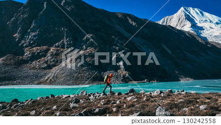 Backpacking woman hiking on high altitude mountains 130242558