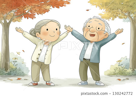 Miyu Series: Seniors exercising in the autumn leaves 130242772