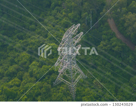 Aerial view of high voltage electricity tower on mountain Aerial view of high voltage electricity tower on mountain 130243029
