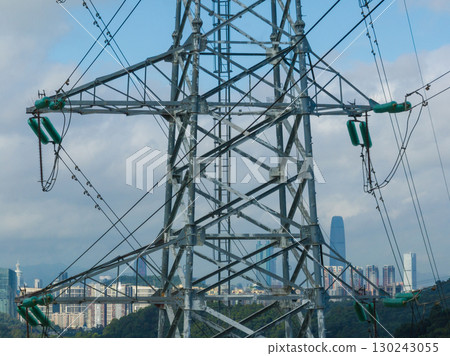 Aerial view of high voltage electricity tower on mountain Aerial view of high voltage electricity tower on mountain 130243055