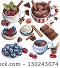 winter breakfast set, porridge, berries, hot cocoa, cinnamon, rustic style 130243074