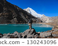 Backpacking woman hiking on high altitude mountain top 130243096