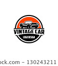 Premium American Legendary Car emblem logo vector isolated. Best for logos, badges, emblems, and icons related industries. Side view with sunset background. 130243211