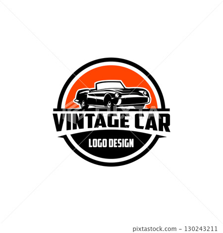 Premium American Legendary Car emblem logo vector isolated. Best for logos, badges, emblems, and icons related industries. Side view with sunset background. 130243211