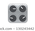 Silver square audio mixing console icon with four black control knobs 130243442
