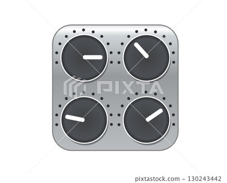 Silver square audio mixing console icon with four black control knobs 130243442