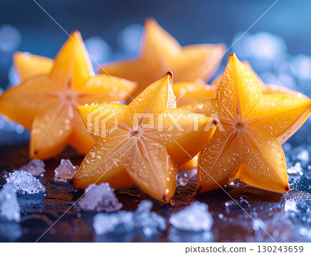 Star fruit slices arranged artistically, unique shapes, exotic fruit, creative presentation 130243659