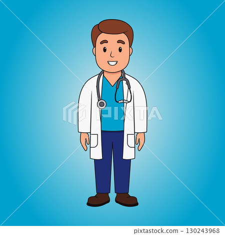 Cartoon standing doctor with stethoscope on a blue background. Young male doctor standing with stethoscope 130243968