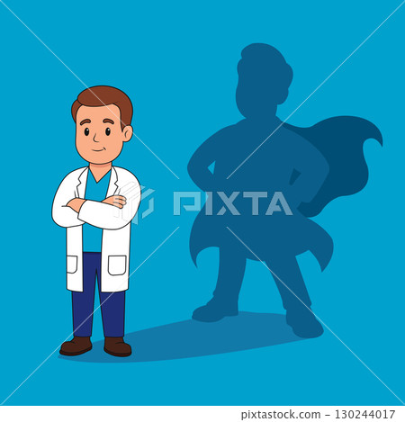 Superhero doctor concept. Cartoon male physician with heroic shadow 130244017