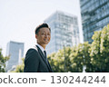 japanese business person smiling in a suit, with an office building 130244244