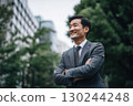 a japanese businessman in a suit is smiling while standing outdoors near green trees and buildings 130244248