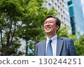 a japanese businessman, wearing a blue suit with a tie, stands in front of an office building 130244251