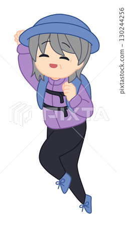 Granny jumping with mountain climbing equipment 130244256