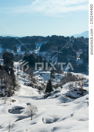 Snow-covered rice terraces and a clear blue sky 130244400