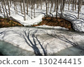 Long shadows of trees stretching over a pond covered in snow in a beech forest 130244415