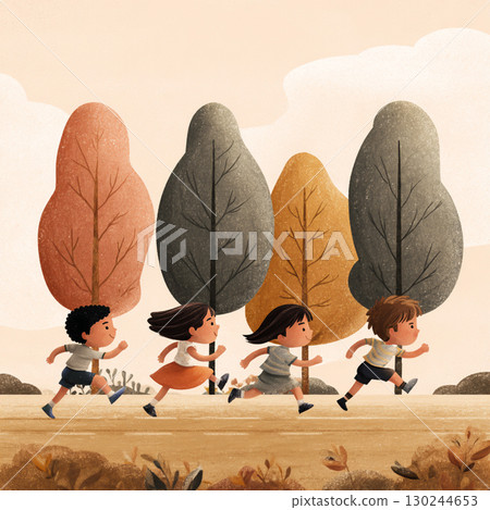 孩子們被銀杏葉包圍 130244653