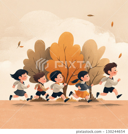 孩子們被銀杏葉包圍 130244654