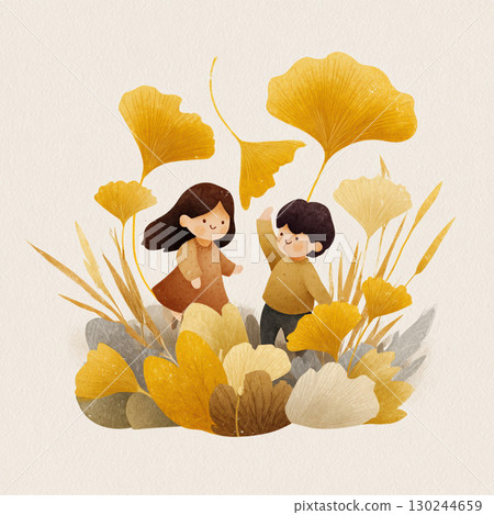 孩子們被銀杏葉包圍 孩子們被銀杏葉包圍 130244659