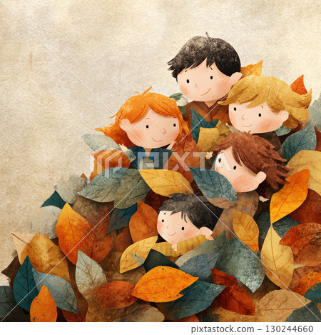 孩子們被銀杏葉包圍 130244660