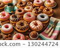 A table with colorful donuts and coffee 130244724