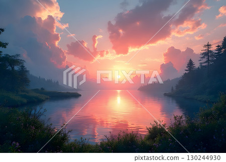 beautiful sunset on the lake 130244930