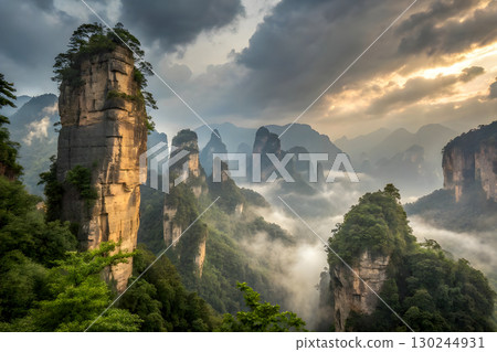 landscape with waterfall at sunset 130244931