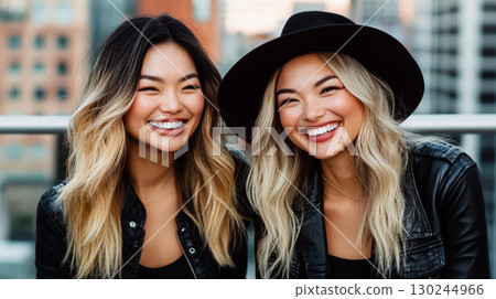 Two beautiful young women in stylish black hats smiling and looking at camera outdoors 130244966