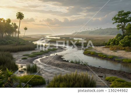 tropical beach with coconut palm trees 130244982