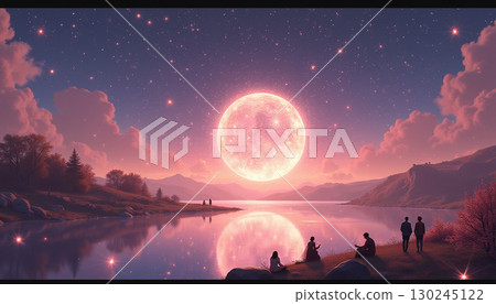 一輪閃耀的滿月和它在湖面上的倒影 130245122