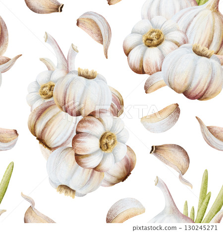 Watercolor seamless pattern with garlic, leaves and cloves on white with dry and raw bulbs and plant stem. Hand drawn botanical vegetable repeat background for folk medicine food designs Watercolor seamless pattern with garlic, leaves and cloves on white with dry and raw bulbs and plant stem. Hand drawn botanical vegetable repeat background for folk medicine food designs 130245271