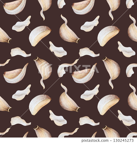 Beige garlic cloves and husks watercolor seamless pattern on dark brown. Hand drawn organic vegetables with skins and peels for kitchen, spicy food and culinary designs. Italian cuisine background 130245273