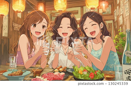女生聚會喝酒動漫插畫001 130245339