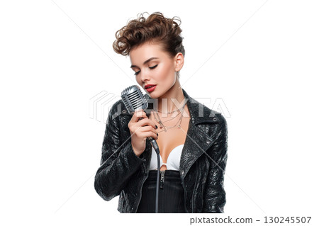 Female singer with a vintage microphone. AI-generated item Female singer with a vintage microphone. AI-generated item 130245507