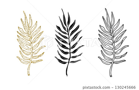 Palm leaves line art, silhouette and glitter simple hand drawn vector illustration set, isolate on white background 130245666