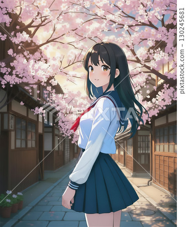 一位身穿水手服的女子站在舊城區 [春天] 130245681