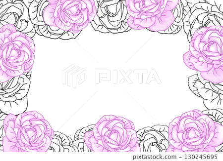 Luxury roses botanical frame on white background vector. Elegant line art wallpaper roses flowers head in hand drawn. Cute girly blossom frame design for wedding, invitation or card Luxury roses botanical frame on white background vector. Elegant line art wallpaper roses flowers head in hand drawn. Cute girly blossom frame design for wedding, invitation or card 130245695