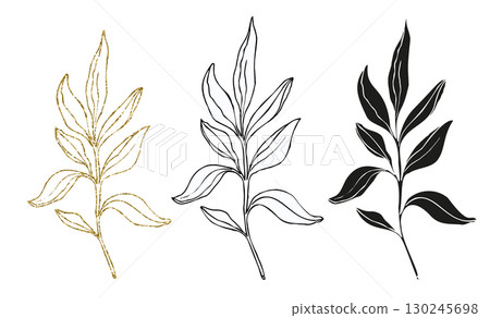 Palm leaves line art, silhouette and glitter simple hand drawn vector illustration set, isolate on white background 130245698