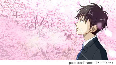 Cherry blossoms in full bloom, anime-style illustration of a male student or working man, with space to the left 130245863