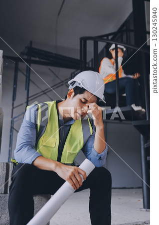 Construction manager and engineer dressed in orange work vests and hard helmets explore construction documentation on the building site near the steel frames Construction manager and engineer dressed in orange work vests and hard helmets explore construction documentation on the building site near the steel frames 130245940