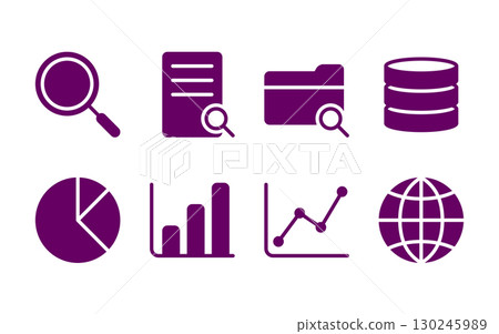 Marketing and statistical analysis icon collection / bar graph, pie chart, line graph, etc. / purple flat 130245989