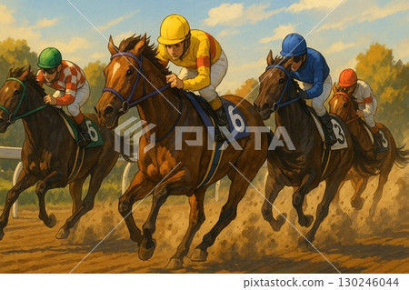 Powerful horse racing scenes and fierce battles on the dirt course 130246044