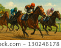 一場激烈的比賽，賽馬在終點線前的泥土賽道上飛馳 130246178