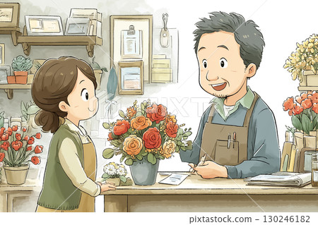 A flower shop clerk explaining flowers 130246182
